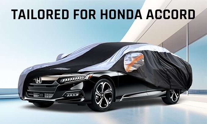 Honda Accord Car Cover Waterproof All Weather with Silver Strip Design, Custom Fit for Honda Accord 2005–2025, Accord Accessory with Door Zipper & Windproof Straps