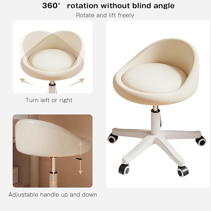 Rolling Stool Set of 4 Rolling Hydraulic Salon Stool with Low Backrest - Adjustable Swivel Chair for SPA, Shop, Salon, Massage, or Medical Office Beige