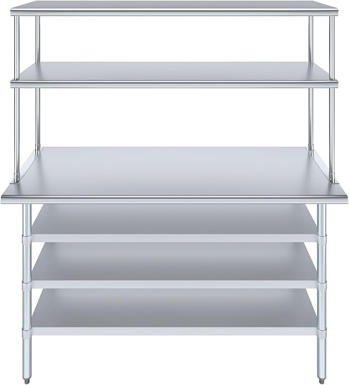 Amgood 24" x 60" Stainless Steel Work Table with 3 Shelves and 18" Wide Double Tier Overshelf | Metal Kitchen Prep Table & Shelving Combo | NSF