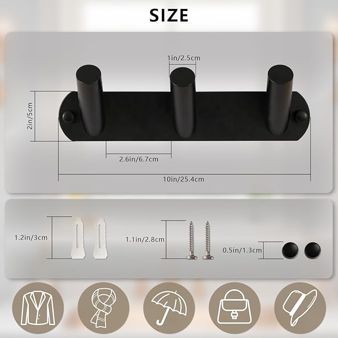 NINETREX Coat Rack Wall Mounted, Black Metal Coat Rack with 3 Coat Hooks Heavy Duty Coat Hanger Hooks Bag Hat Towel Rack for Entryway, Bathroom, Bedroom, Kitchen, and Hallway(Black,Round)