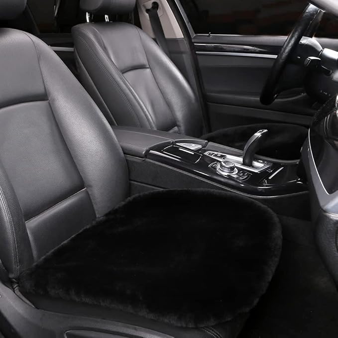 LLB Genuine Sheepskin Car Seat Cushion Seat Covers for Cars Trucks SUV Comfort Seat Protector Pad for Car Driver Seat Car Accessories for Women Office Chair Car Decor (Black Front Seat Cushions-2 Pcs)