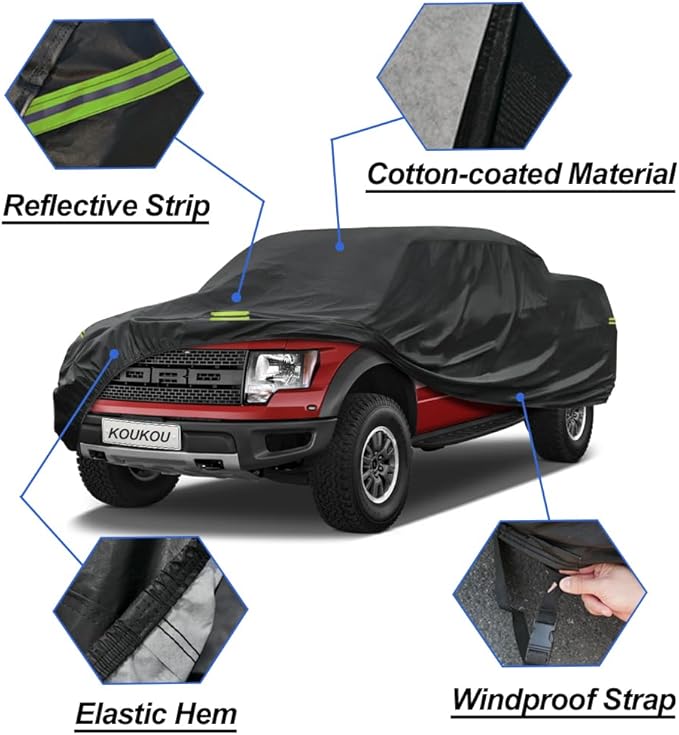 KouKou Truck Cover Waterproof All Weather, 7 Layers Heavy Duty Pickup Truck Cover Outdoor Length from 210 to 232 inches,Universal Fit Ford F150, Nissan Frontier, Toyota Tacoma, GMC Canyon etc.
