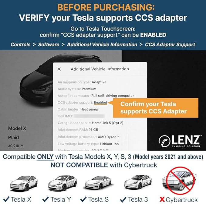 LENZ CCS1 to Tesla EV Charging Adapter – for 2021+ Tesla Models ONLY (Not for Cybertruck) – Connect to Public DC Level 3 Fast Chargers Up to 250 kW