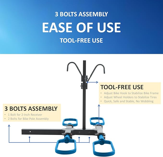 Trailer Hitch Bike Rack for Car 2 Bikes, E Bike Carrier Hitch Mount 2 Bike, Fat-Tire Ebike Rack for Tow Hitch, Fits 2" Receiver for SUV Truck Rv Van (2 Bike - 200 Lbs Cap - Blue)