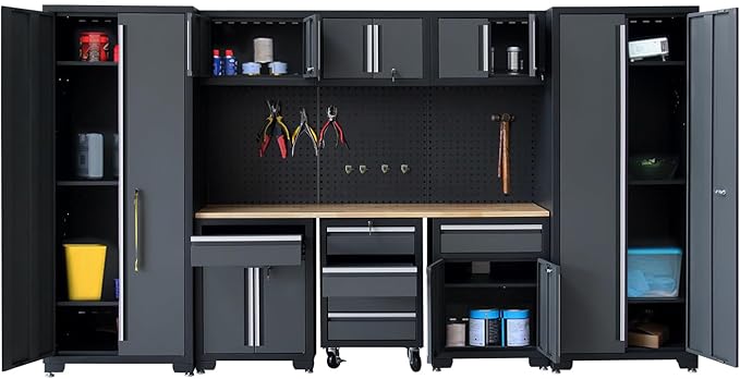 Garage Storage Cabinet System 9-Pcs Workshop Set Garage Cabinets and Storage System with Steel Cabinet Drawers, Rolling Chest, Workbench, Pegboard for Garage Tool Organization, Black and Grey