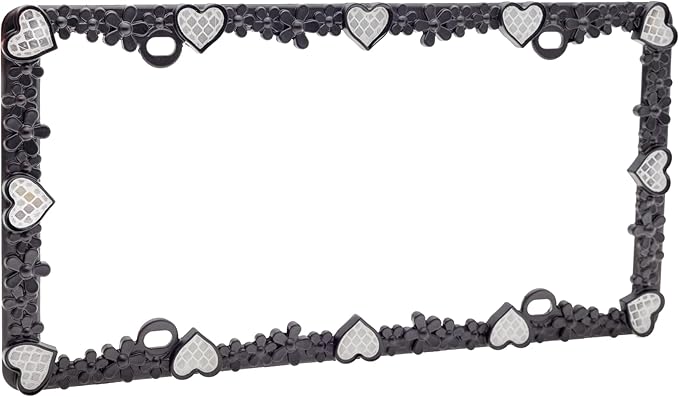 Creathome 3D Daisy Heart License Plate Frame from Pure Zinc Alloy Metal Perfect Plate Holder, Matt Black Daisy with Silver Reflective Heart