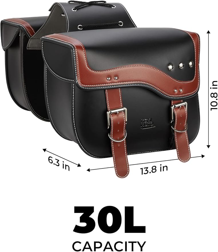 KEMIMOTO Motorcycle Saddlebags, 30L Large Capacity Saddle Bags Motorcycles, PU Leather Motorcycle Luggage Bag for Sportster Softail Dyna V-star Shadow, Universal Motorcycle Accessories, Brown