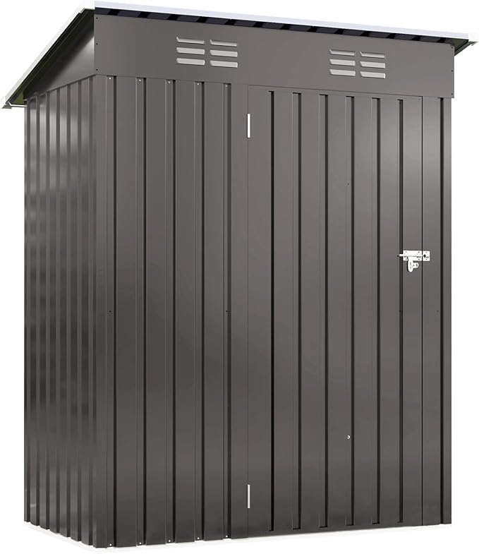 IKERY 5X3 FT Metal Outdoor Storage Shed, Tool Shed with Pitched Roof and Lockable Door Compact Metal Tool Shed for Garden, Backyard, Patio, Everyday Sundries and Bike Storage, Gray