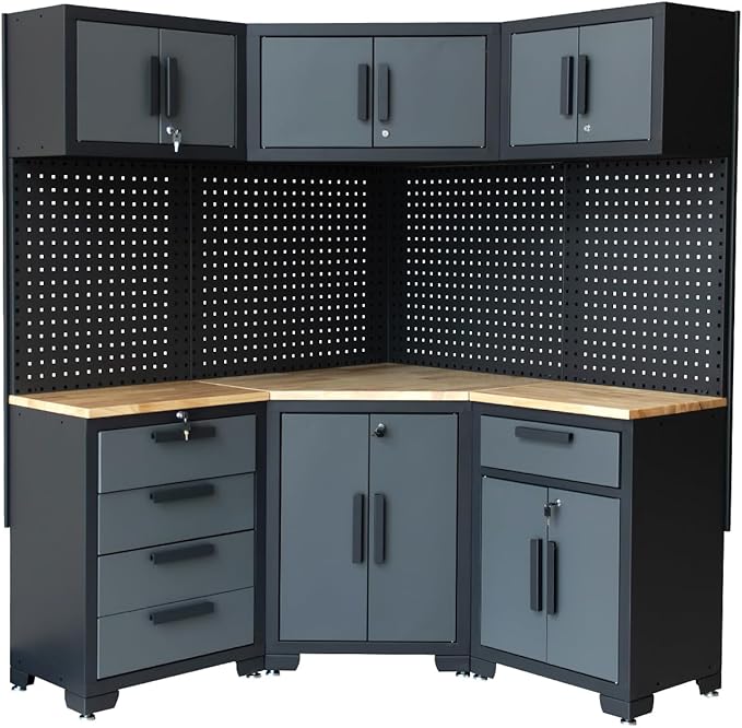 Corner Workshop Set - Garage Cabinets and Storage System with Corner Cabinet, Cabinet Drawers, Workbench, Pegboard for Tool Organization - Black and Grey