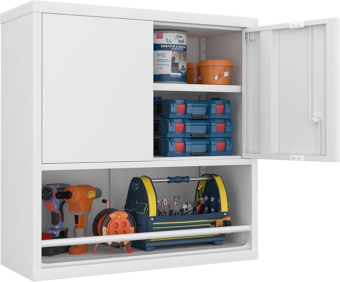 GREATMEET Locking Metal Garage Storage Cabinet with Doors and Shelves, 31" H Lockable Wall Cabinet Storage, White Steel Wall Mount Cabinet for Office