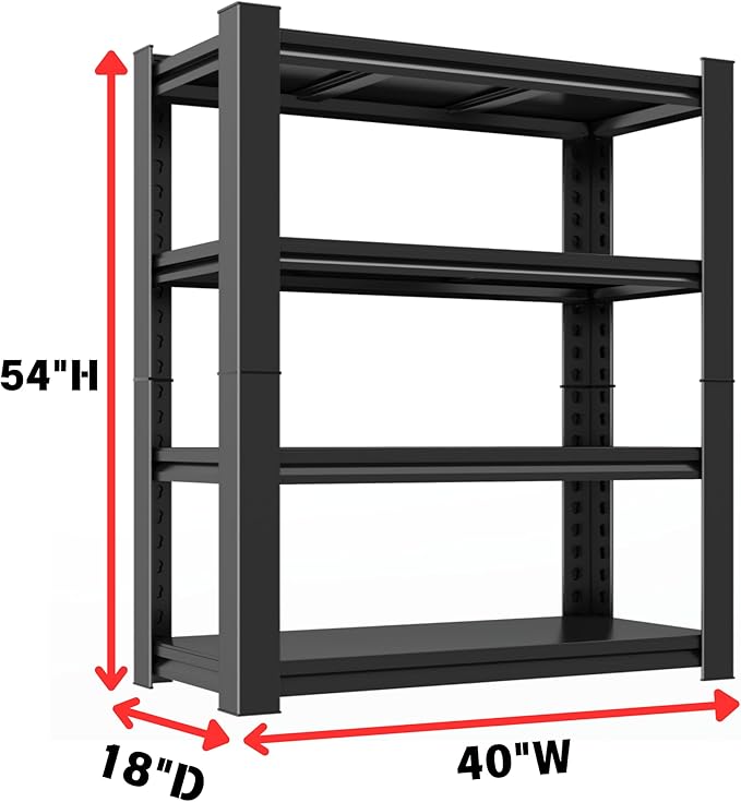 Metal Garage Shelving Unit, Heavy Duty 4-Tier Adjustable Storage Rack, Steel Shelving, 2000 lbs Capacity, Industrial Shelves for Heavy Tools and Equipment (54" H x 40" W x 18" D)