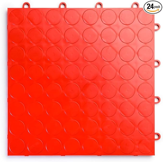 Big Floors RaceDeck CircleTrac, Interlocking Non-Slip Garage Flooring Tile, Durable, Modular, Heavy-Duty Copolymer, Easy Install (Red, 24 Pack of 12 x 12" Tiles)