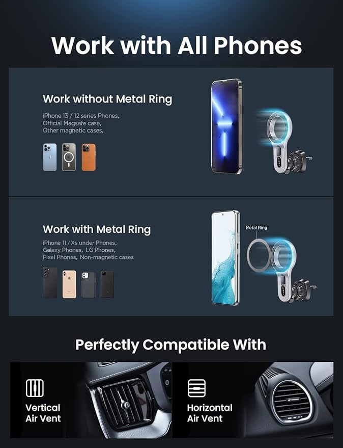 LISEN for iPhone 16 MagSafe Car Mount, [Quick Install] Ultra Magnetic Long Arm Mag Safe Car Phone Holder Vent, Car Accessories Fit for iPhone 16 Pro Max 15 14 13 12 Plus Mini Men Women, Silver
