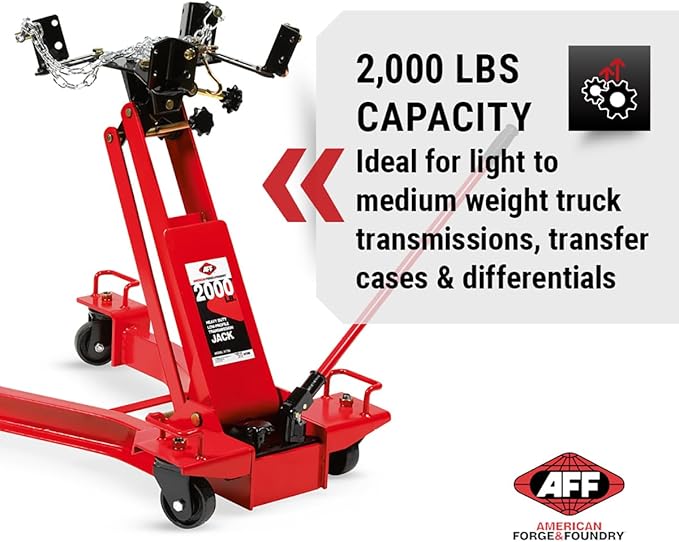 AFF Low Profile Manual Hydraulic Transmission Jack - Heavy Duty Steel Body, Adjustable Saddle with Safety Chain & 360 Handle - for Transmissions, Transfer Cases & Differentials (Multiple Capacities)