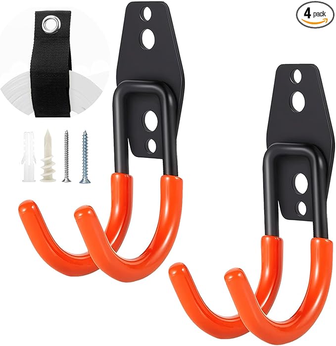 Heavy Duty Garage Storage Hooks，2 Pack Anti-Slip Coating,Wall Mount Storage Hooks for Hanging Bike, Ladder, Garden Tools,Small Utility Hook, Hose Holder for Outdoor and Indoors (4, Type u)