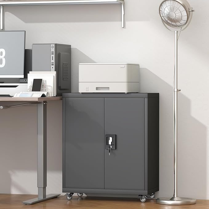 GREATMEET Garage Cabinets with Wheels, Black Garage Storage Cabinets with Doors and Adjustable Shelves，Rolling Lockable Metal Garage Storage Cabinets for Home Office Utility Room