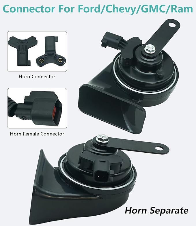 Car Horn Kit for Ford Chevrolet Ram GMC Tesla,12V Loud Waterproof Auto Horn, High Low Dual Tone 126 Decibel, Replacement for Ford(2 Connectors)