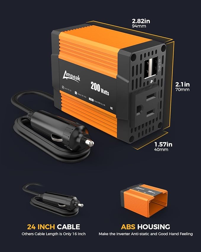 Ampeak 200W Car Power Inverter 4.8A Dual USB Ports AC Outlet Car Inverter DC 12V to AC 110 Car Plug Adapter