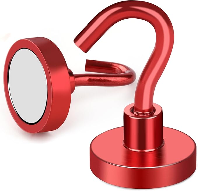MIKEDE Magnetic Hooks Heavy Duty, 28LB+ Strong Magnets with Hook for Fridge, Neodymium Extra Strength Industrial Hooks for Hanging, Magnetic Hanger for Toolbox, Cruise, Grill(Red,4 Pack)