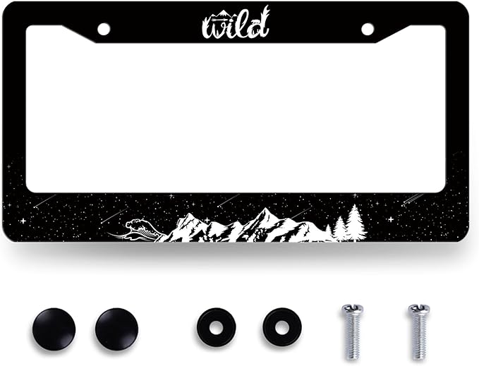 Mountains License Plate Frame Ocean Waves Forest Starry Sky License Plate Stainless Steel Mountain Car Accessory Funny License Plate Decoration Men Women Size 12.2" x 6.2" with Screw