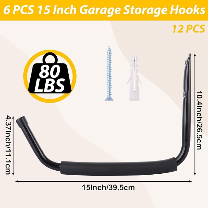 6 PCS 15 Inch Garage Hooks Heavy Duty Kayak Storage Hooks Hanger Black Kayak Storage Rack Ladder Hooks for Garage Wall Mount Garage Wall Hooks for Canoe Paddle Board, Ladder, Hose, Bicycle