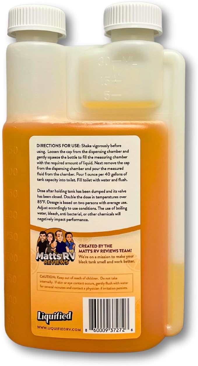 Liquified RV Toilet Treatment - Black Holding Tank Digester - Odor Eliminator - Orange Scent - Matts RV Reviews (Orange, 16oz)