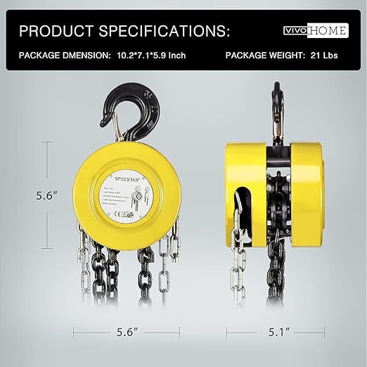 SPECSTAR Hand Chain Hoist 1 Ton 2200 Lbs Capacity 10 Feet with 2 Heavy Duty Hooks, Manual Chain Fall for Warehouse Building Automotive Machinery Yellow