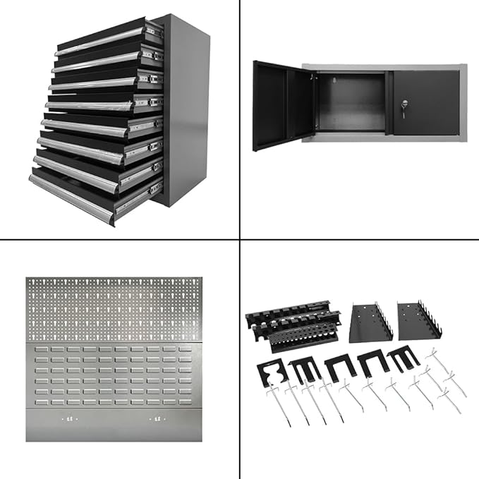 Metal Garage Cabinet Set, Heavy Duty for Workshop Basement Utility Room, Black and Grey, Wall Mounting Not Necessary