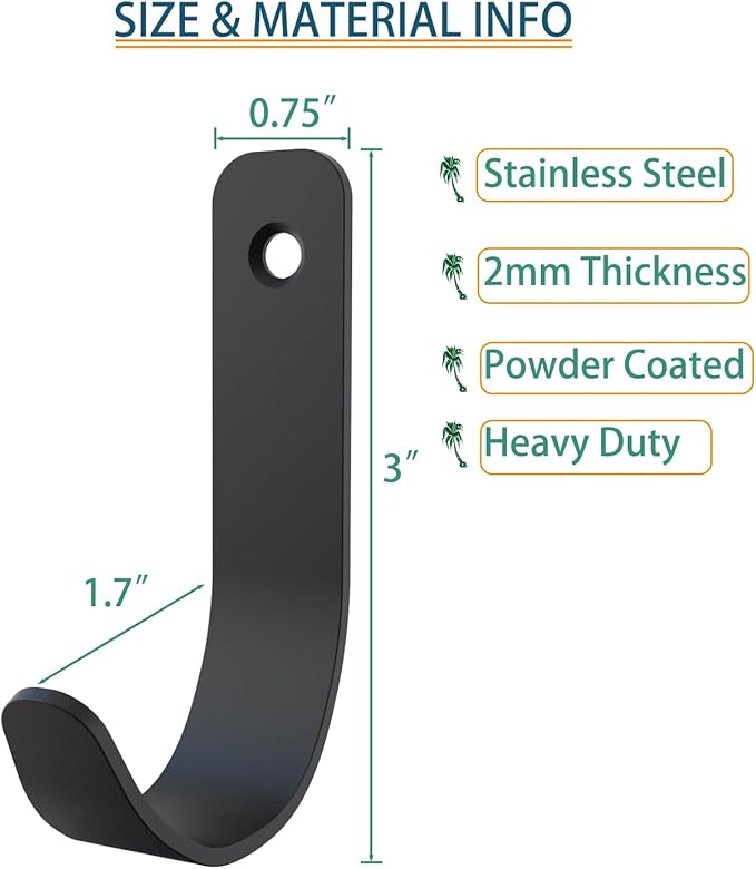 Stainless Steel Heavy Duty Coat Hook Wall Hooks Robe Hanger Hooks Hanging Hat Key Holder for Towel, Bag Indoor Outdoor (Black-U Shaped, 3x1.8inch, 8pcs)