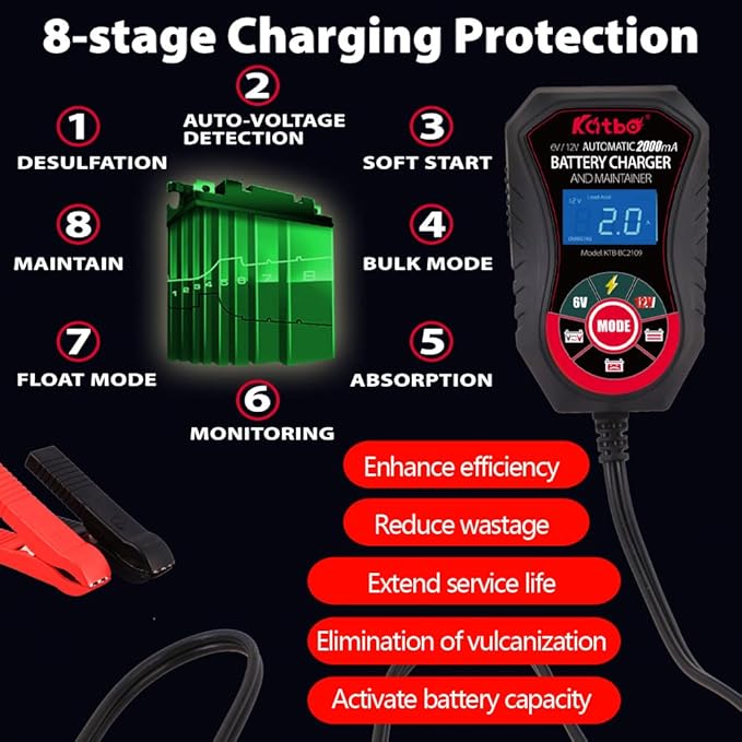 KATBO Battery Charger, 2Amp Battery Maintainer, car Battery Charger 6V 12V, trickle Charger for Car Battery, Motorcycles, Lawn Tractors, Marine AGM, Gel, SLA,Wet