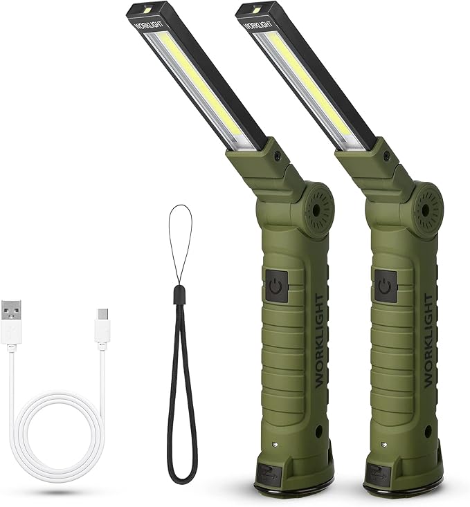 Suranew LED Worklight Flashlight, COB Rechargeable Work Lights with Magnetic Base 360 Degree Rotate and 5 Modes Portable Flood Light Inspection Construction Light for Car Repair (Army Green, 2 Pack)