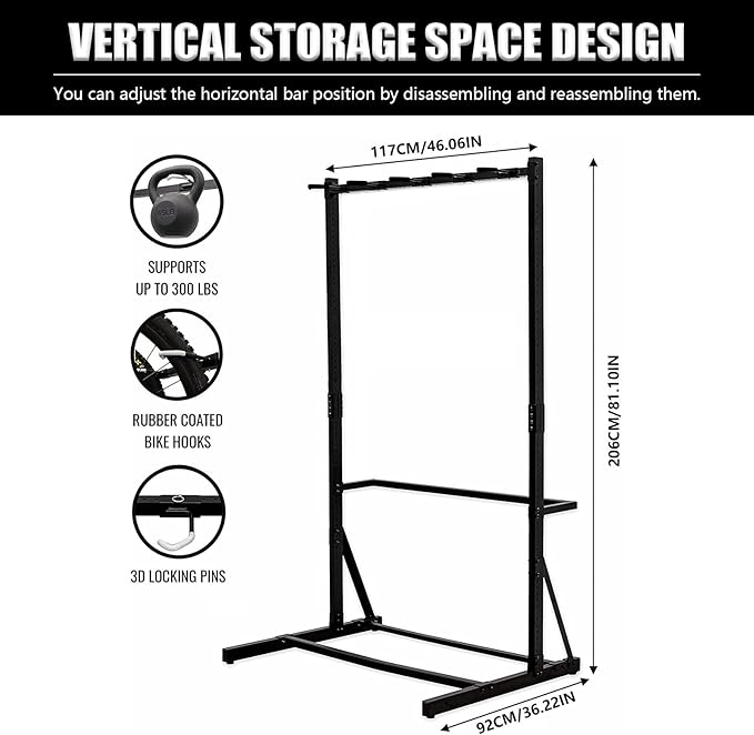 Upright Bike Stand, 5-Bike Stand Rack, Indoor Bike Storage Standing Bike - Garage Organizer - Freestanding Bicycle Rack with 5 Hanging Hook - Vertical & Horizontal Hangersfor Home