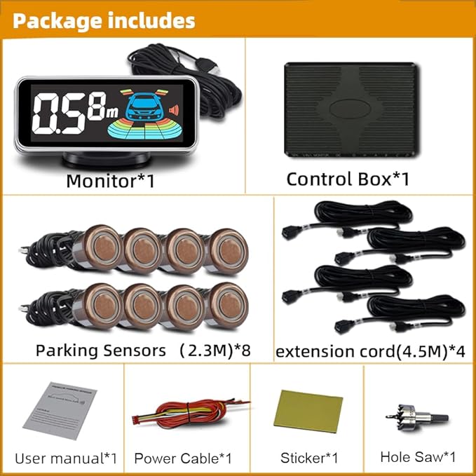 Parktronic 8 Parking Sensors Kit Reverse Backup Radar System Rear and Front View with Sound Warning Ultrasonic Distance Detection for Car Vihicle