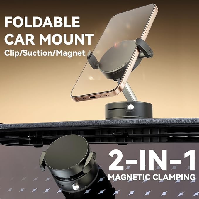 2025 Upgraded Foldable 2-in-1 Clip & Vacuum Magnetic Suction Car Phone Holder Mount, 360° Adjustable Universal Dashboard & Windshield Stand for iPhone 16/15/14/13/12 & Android Phones (Black)