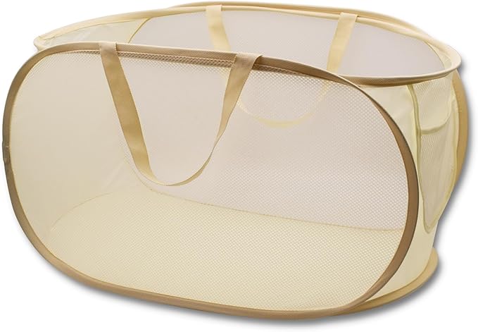 HONOMA Sturdy Mesh Laundry Hamper Basket Bag,Pop up Basket with Side Pocket for Laundry Room, Bathroom, Kids Room, College Dorm or Travel (Pop Horizontal, Beige)