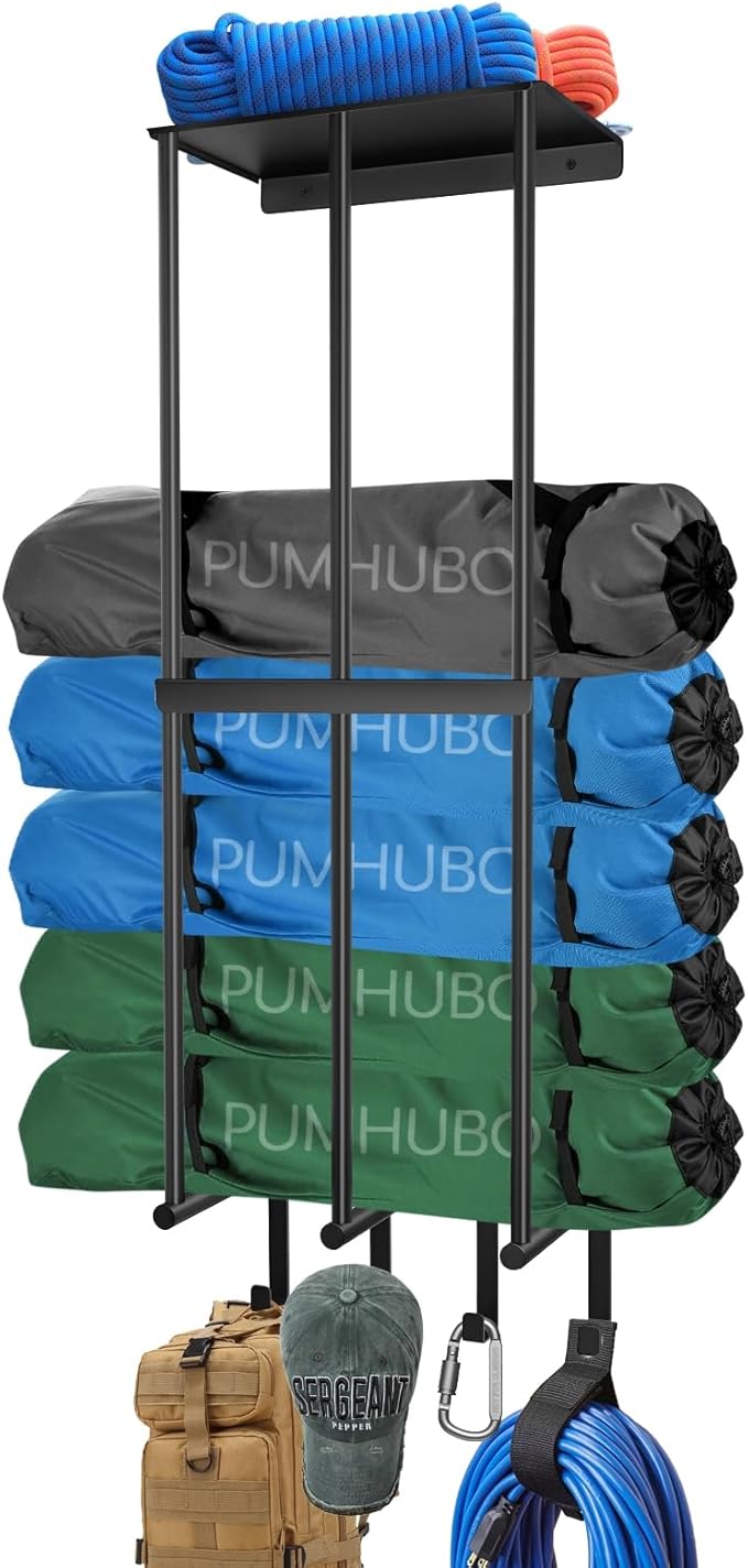 Camping Chair Wall Storage for Garage - Metal Beach Lawn Chair Rack, Garage Storage and Organization Shelves, Wall Mounted Umbrella Storage Rack Holder with Floating Shelf and 4 Hooks Black
