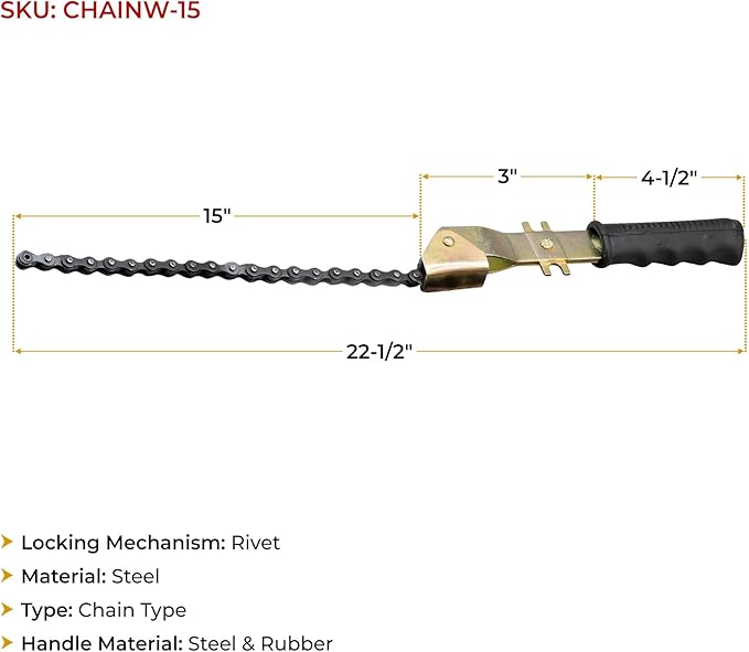 Mytee Products 15" Heavy-Duty Oil Filter Chain Wrench for 4" Diameter Filters – Rivet Locking Mechanism & Ideal for Chain Oil Filter Remover & General Maintenance Tasks