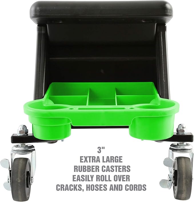 OEMTOOLS 24986 Heavy-Duty Rolling Workbench and Creeper Seat, Mechanics Stool with Wheels, Creepers, Shop Stools with Wheels, Automotive, Green and Black 300 LB Capacity