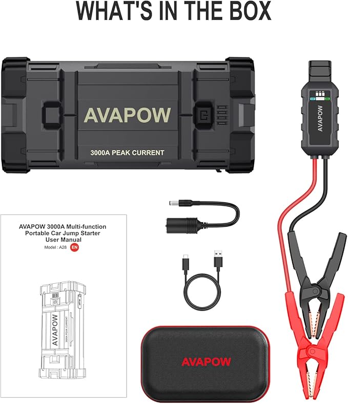 AVAPOW Car Battery Jump Starter 3000A Peak, Jumpstart with Force Start Function, Portable Starters for Up to 8L Gas 8L Diesel Engine with Booster Function,12V Lithium Jump Charger Pack Box