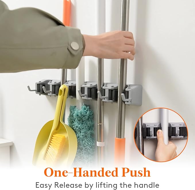 Lifewit Mop and Broom Holder Wall Mount, Anti-Slip Broom Hanger for Kitchen Organization, Heavy Duty Cleaning Supplies Organizer, Easy Install Tool Organizer for Closet, Garage, 2 Pack, Grey
