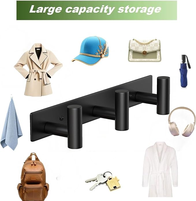 Wall Mounted Coat Rack-3 Hooks, Heavy Duty Stainless Steel Hook Rail for Towel Coat Hat Purse Bag Jacket, Towel Hooks for Entryway Bathroom Kitchen (Black 3 Hooks - 1 Pack)