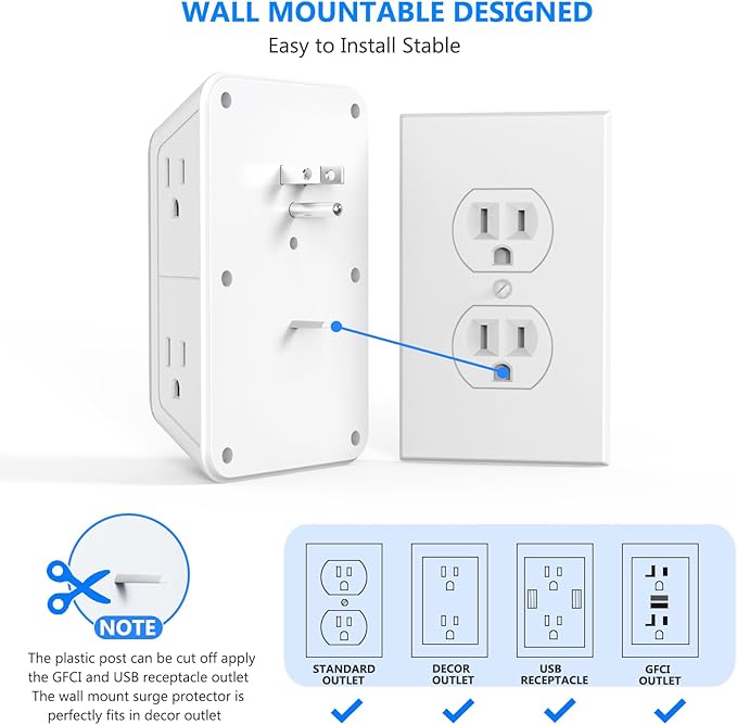 Outlet Extender Surge Protector - 6 Outlet Splitter with 4 USB Ports (2 USB C), Multiple Plug Expander Wall Charger, 3 Sided Multi Plug Wall Adapter Power Strip for Home Office Kitchen Travel
