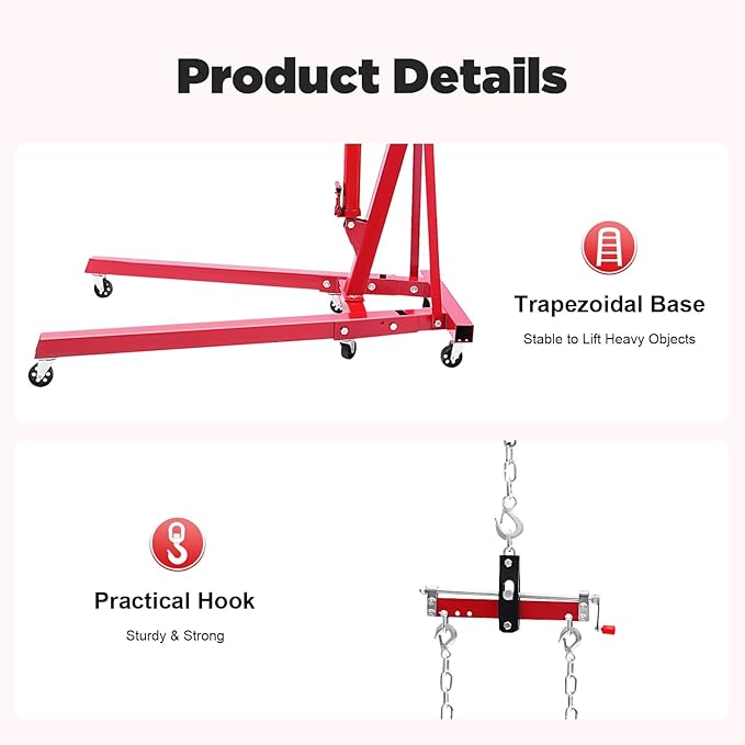 LOYALHEARTDY Engine Hoist with Lever, 2 Ton 4400 LBS Folding Cherry Picker Shop Crane Hoist Lift, Heavy Duty Hydraulic Engine Crane with 6 Casters, Engine Lift Hoist Lever for Engine Lifting Loading