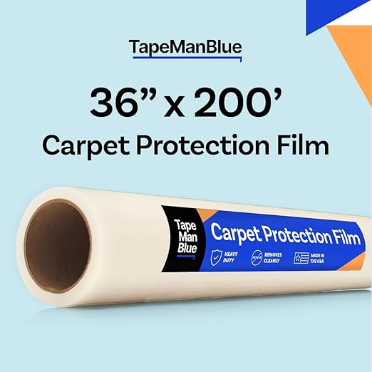 TapeManBlue Carpet Protection Film 36" x 200' roll. Made in The USA. Easy Unwind, Clean Removal, Strongest and Most Durable Plastic Carpet Protector. Clear, Self-Adhesive Surface Protective Film.