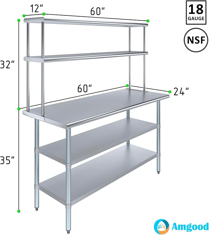 Amgood Stainless Steel Work Table with 2 Shelves | Metal Kitchen Prep Table & Shelving Combo (24" x 60" Table with 2 Shelves + 12" Overshelf)