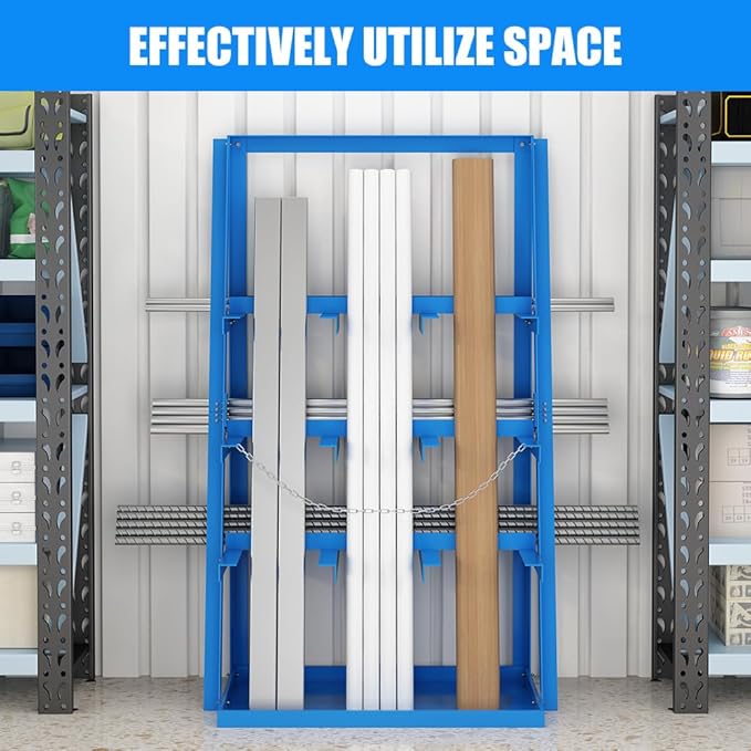 Yeeoy Steel Vertical Bar Rack, Lumber Storage Rack with Safety Chain, Heavy Duty Long Parts Storage Rack, Pipe Organizer Shelf for Garage Workshop Factory, 3000 LB Capacity, Blue