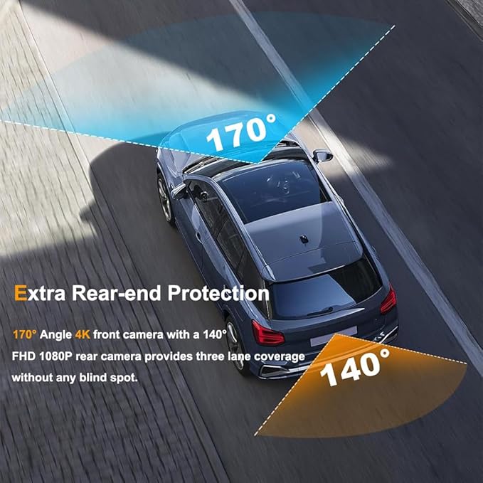 Dash Cam Front and Rear with 64GB Card, 4K+1080P Dual Dash Camera for Cars, Mini Car Camera, APP Control, Built-in Wi-Fi & G-Sensor, 170°Wide Angle, WDR, Night Vision, Loop Recording, Parking Mode