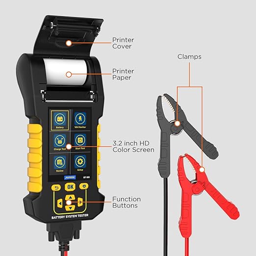 Car Battery Tester 12V/24V Digital Automotive Batteries & Alternator Diagnostic Tool, 20-2000 CCA Load Capacity Charging Cranking System Tester for Truck Marine Motorcycle SUV Boat (Built-in Printer)