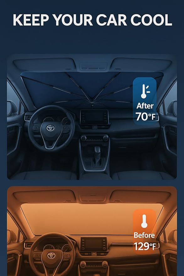 Proadsy Windshield Sun Shade Umbrella for Toyota RAV4 2019-2025 2026 Foldable Car Umbrella Sunshade with Soft TPU Handle Spring Structure Crystal Cooling Material Protect Car from Rays & Heat