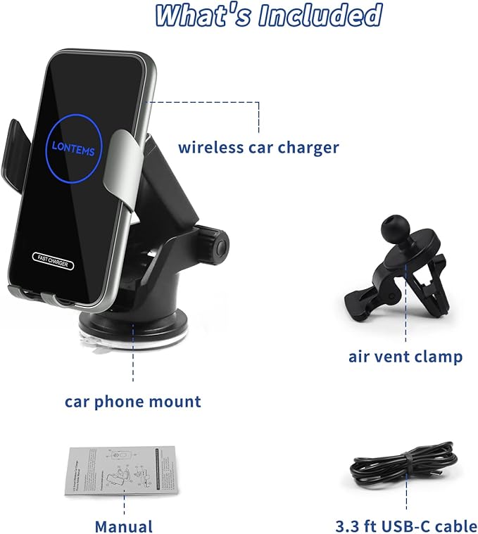 15W Fast Car Mount Charger, Charging Wireless Car Charger Phone Mount Phone Stand, Car Charger for iPhone 15 14 13 12 11 Pro Max, Samsung etc Windshield Dashboard Air Vent Auto Clamping Phone Holder